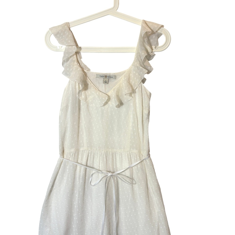 Tommy Hilfiger‎ Silk Clip Dot Ruffle Midi Dress White Sleeveless Tiered Size 4 - Picture 2 of 11